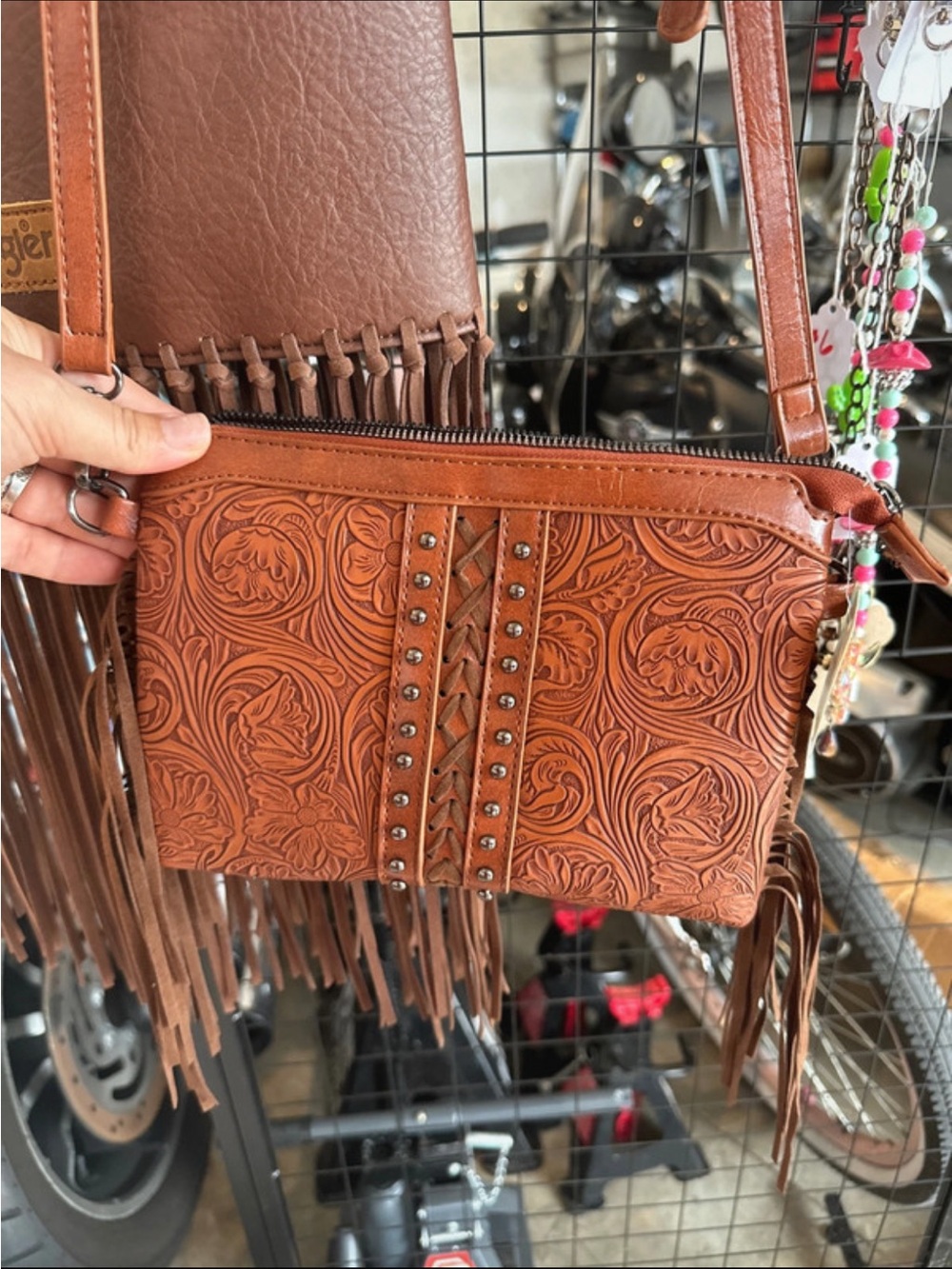 Tooled Brown Fringe Crossbody Bag or wristlet